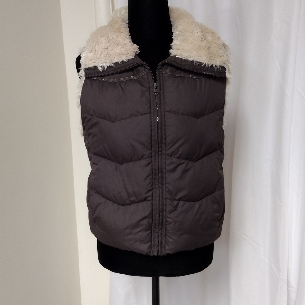 Big Chill Brown Puffer Vest with Cream Faux-Shearling Collar
